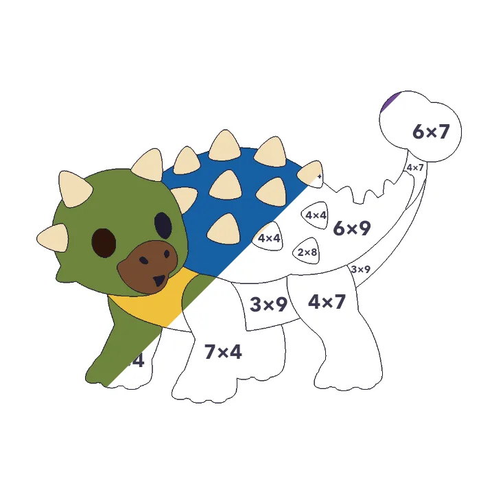 Ankylosaurus multiplication color by number page, half colored to show the finished picture