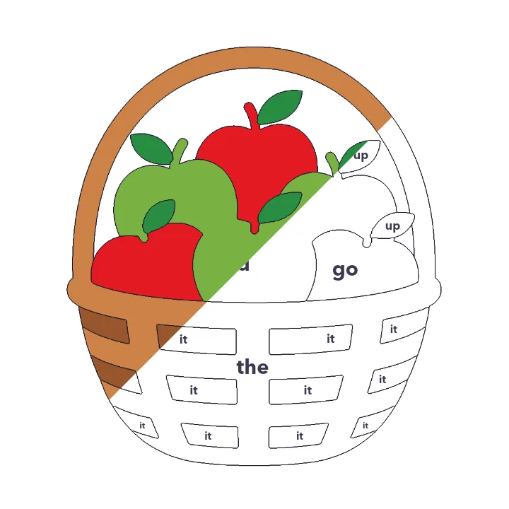 Apple Basket sight words color by number page, half colored to show the finished picture