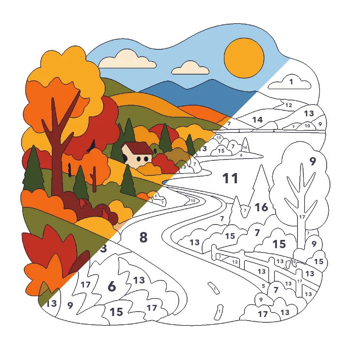 Autumn Landscape color by number page, half colored to show the finished picture