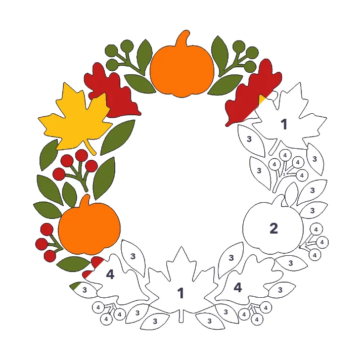 Autumn Wreath color by number page, half colored to show the finished picture