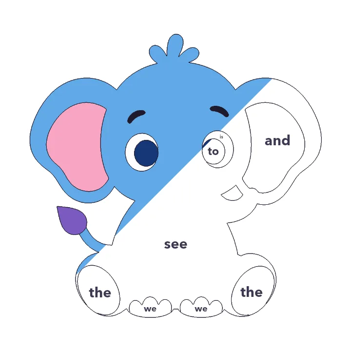 Baby Elephant sight words color by number page, half colored to show the finished picture