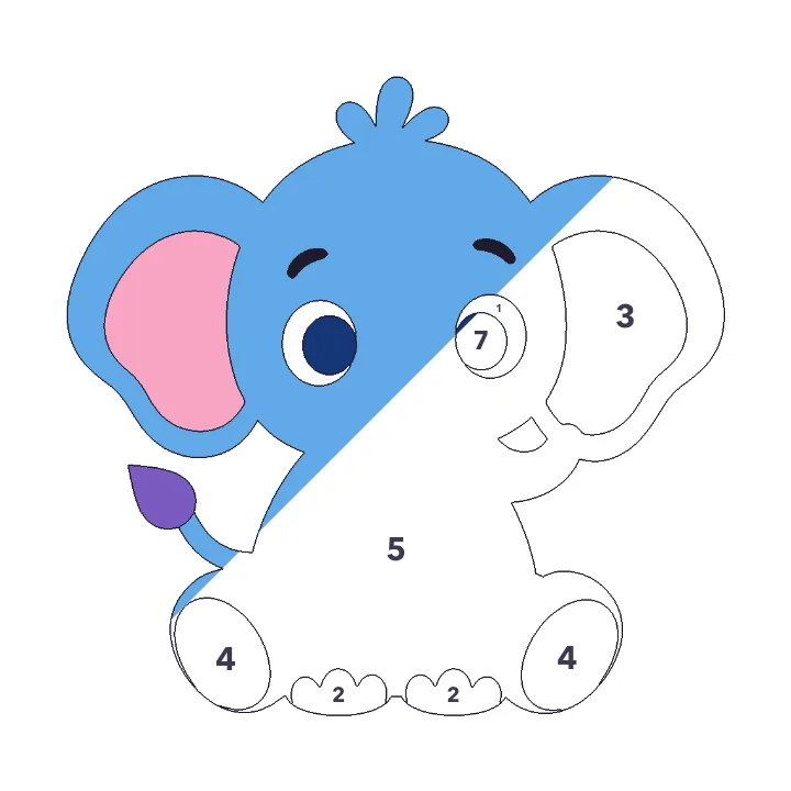 Baby Elephant color by number page, half colored to show the finished picture