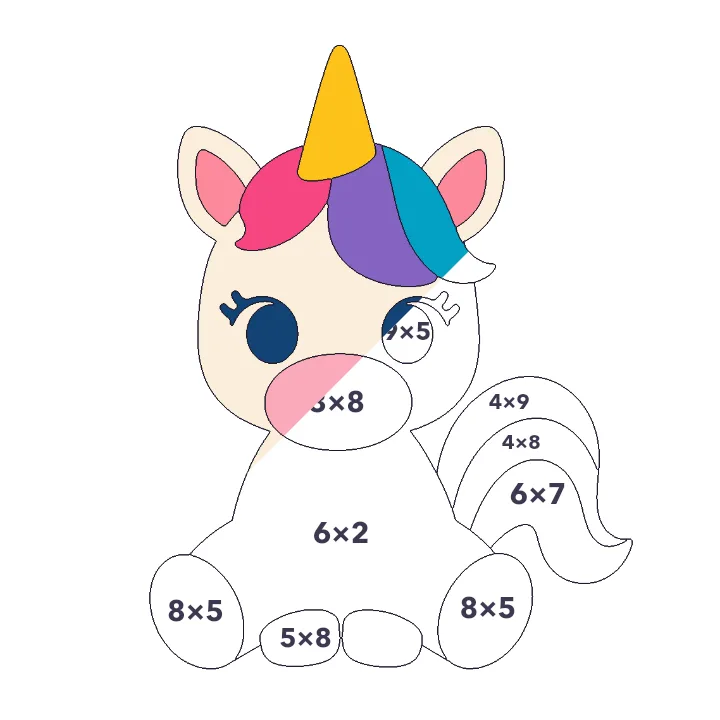 Baby Unicorn multiplication color by number page, half colored to show the finished picture