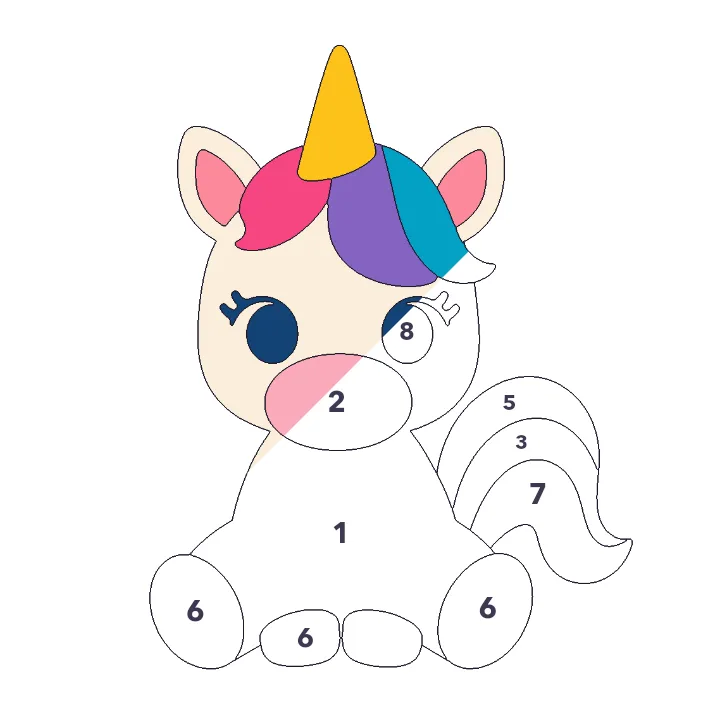 Baby Unicorn color by number page, half colored to show the finished picture