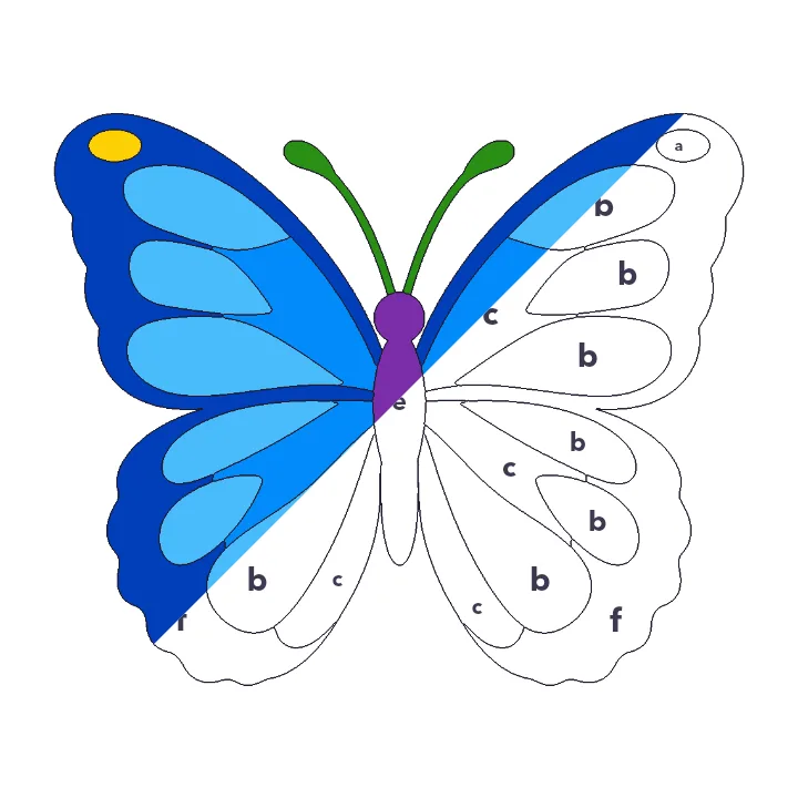 Blue Morpho color by letter color by number page, half colored to show the finished picture