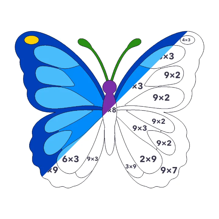 Blue Morpho multiplication color by number page, half colored to show the finished picture
