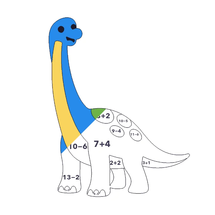 Brachiosaurus addition & subtraction color by number page, half colored to show the finished picture