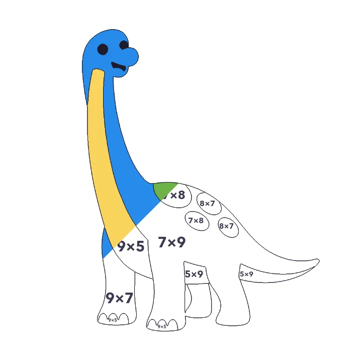 Brachiosaurus multiplication color by number page, half colored to show the finished picture