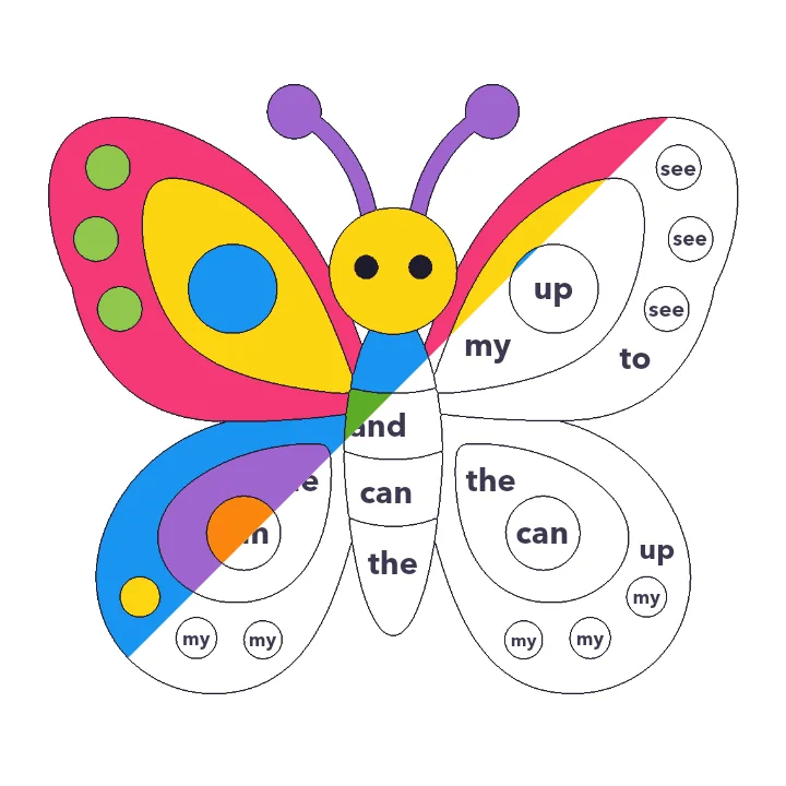 Bright Butterfly sight words color by number page, half colored to show the finished picture