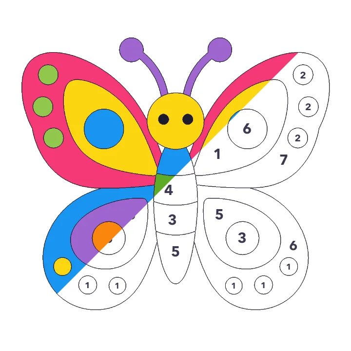 Bright Butterfly color by number page, half colored to show the finished picture
