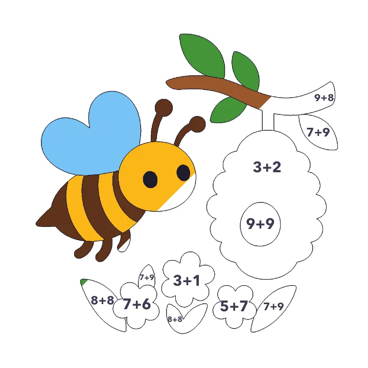 Busy Bee addition color by number page, half colored to show the finished picture