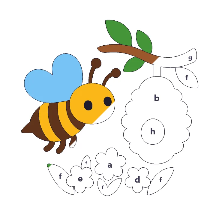 Busy Bee color by letter color by number page, half colored to show the finished picture