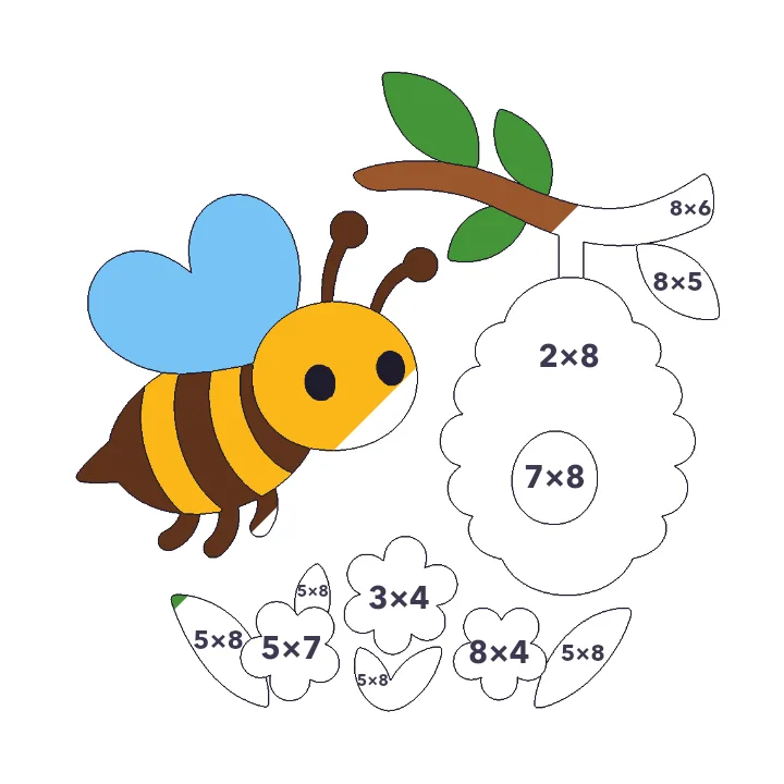 Busy Bee multiplication color by number page, half colored to show the finished picture