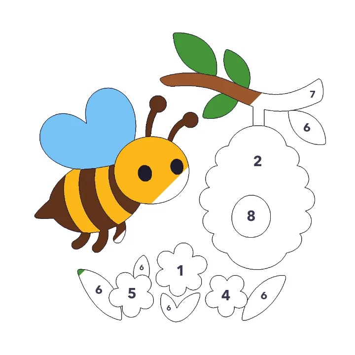 Busy Bee color by number page, half colored to show the finished picture
