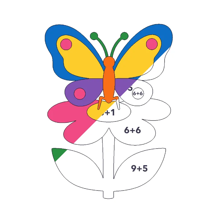 Butterfly on a Flower addition color by number page, half colored to show the finished picture