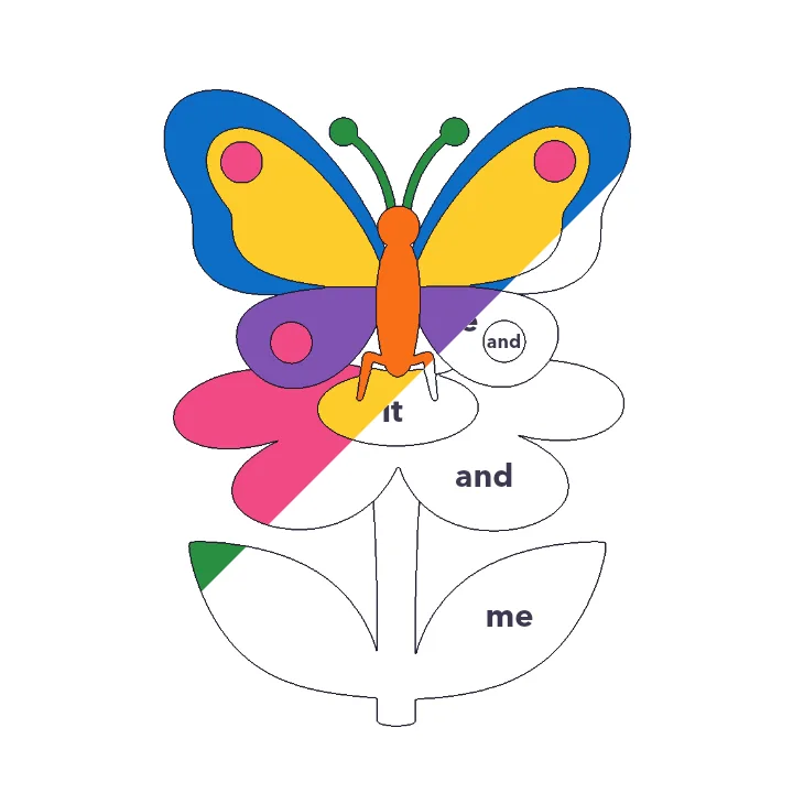 Butterfly on a Flower sight words color by number page, half colored to show the finished picture