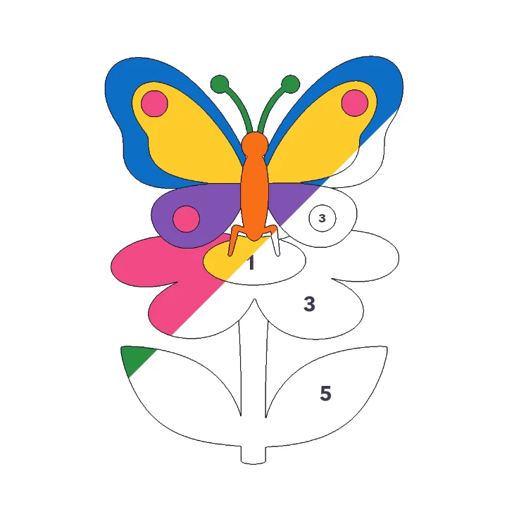 Butterfly on a Flower color by number page, half colored to show the finished picture
