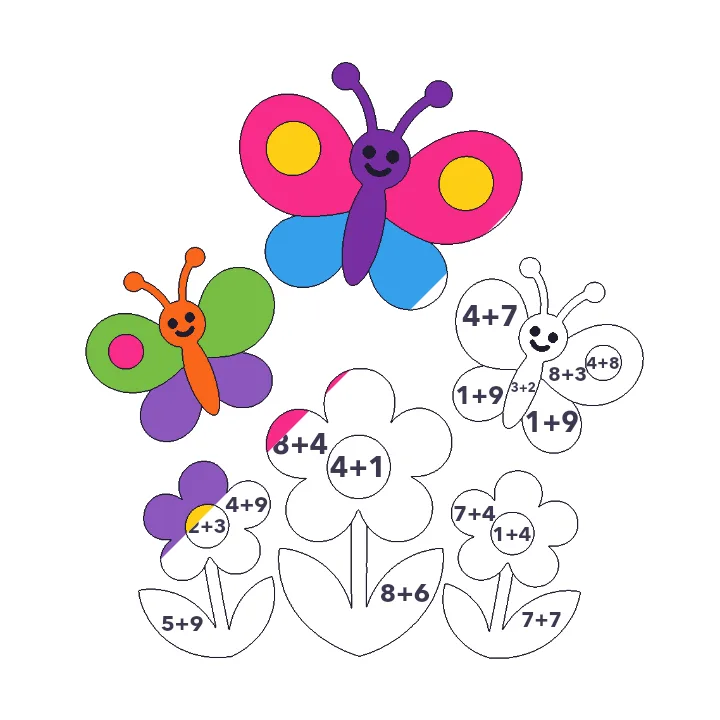 Butterfly Garden addition color by number page, half colored to show the finished picture