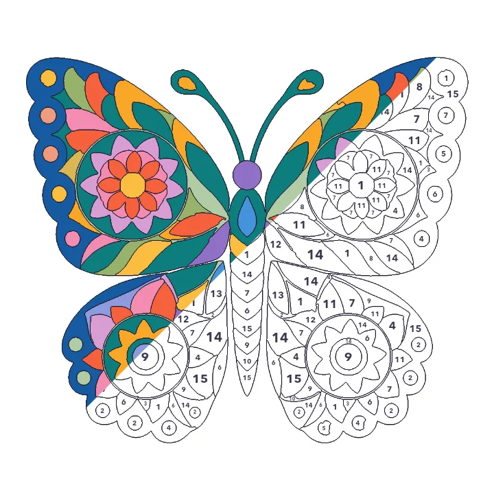 Butterfly Mandala color by number page, half colored to show the finished picture