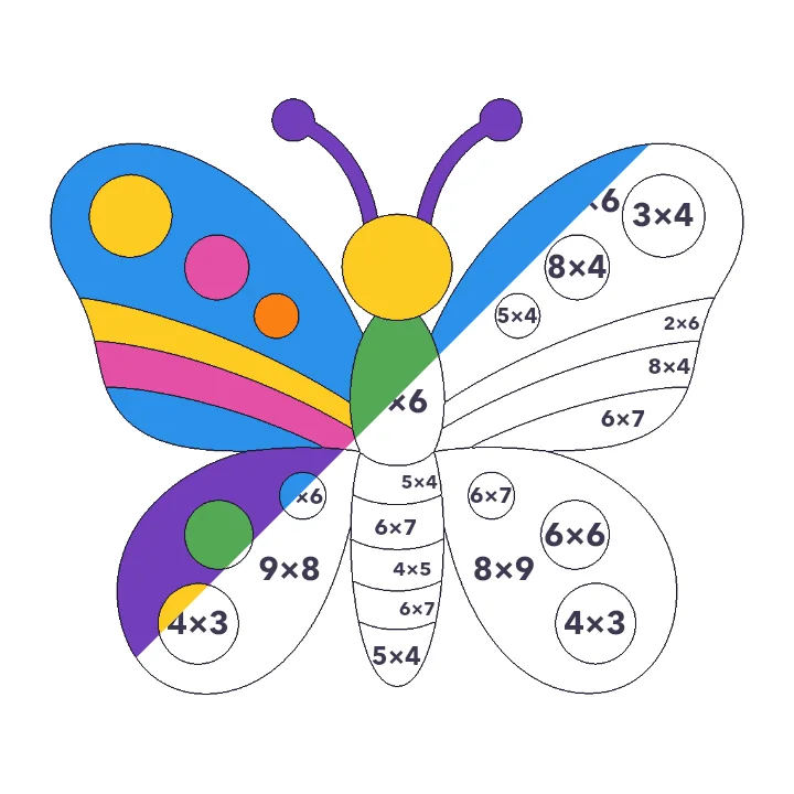 Patterned Butterfly multiplication color by number page, half colored to show the finished picture