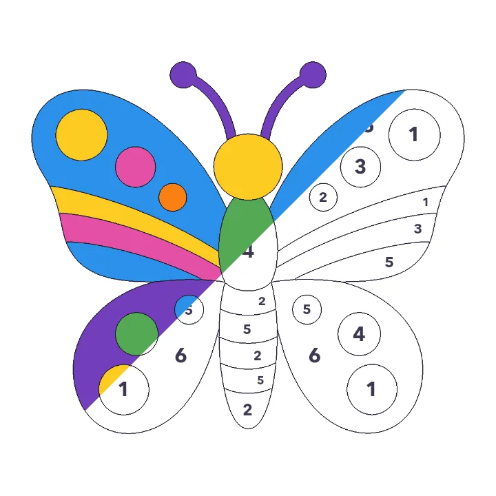 Patterned Butterfly color by number page, half colored to show the finished picture
