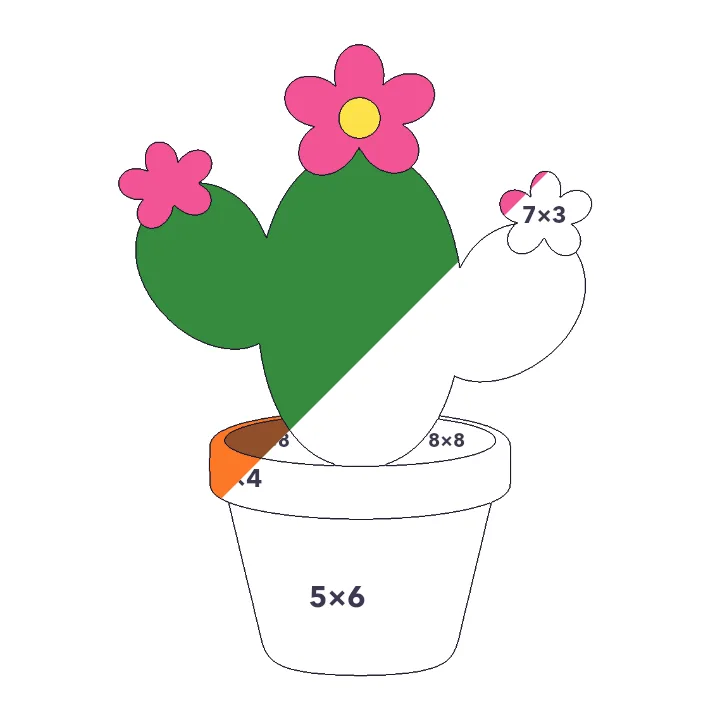 Cactus in Bloom multiplication color by number page, half colored to show the finished picture