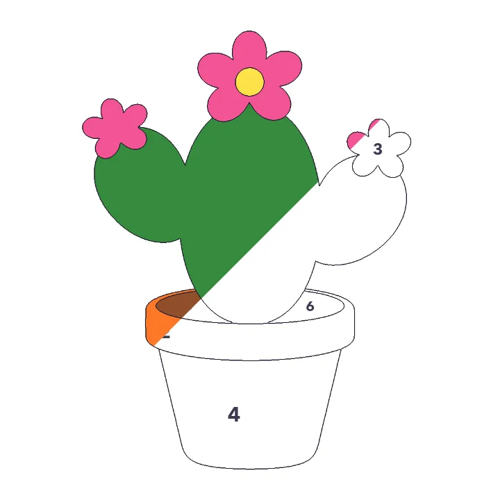 Cactus in Bloom color by number page, half colored to show the finished picture