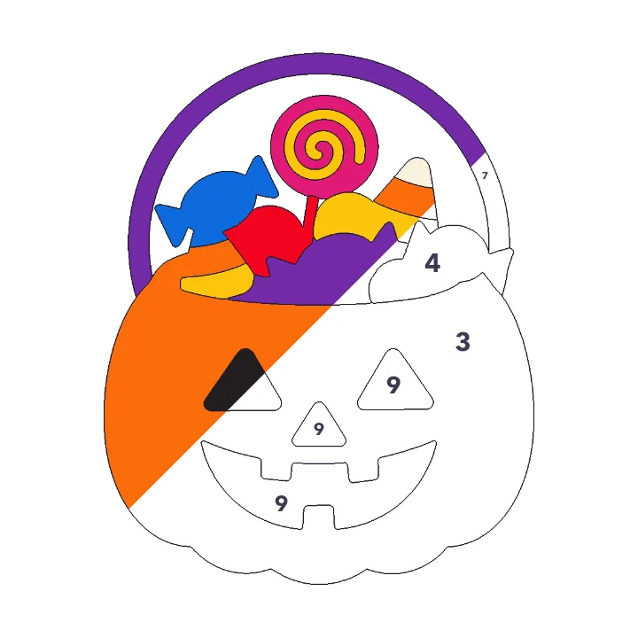 Trick-or-Treat Bucket color by number page, half colored to show the finished picture