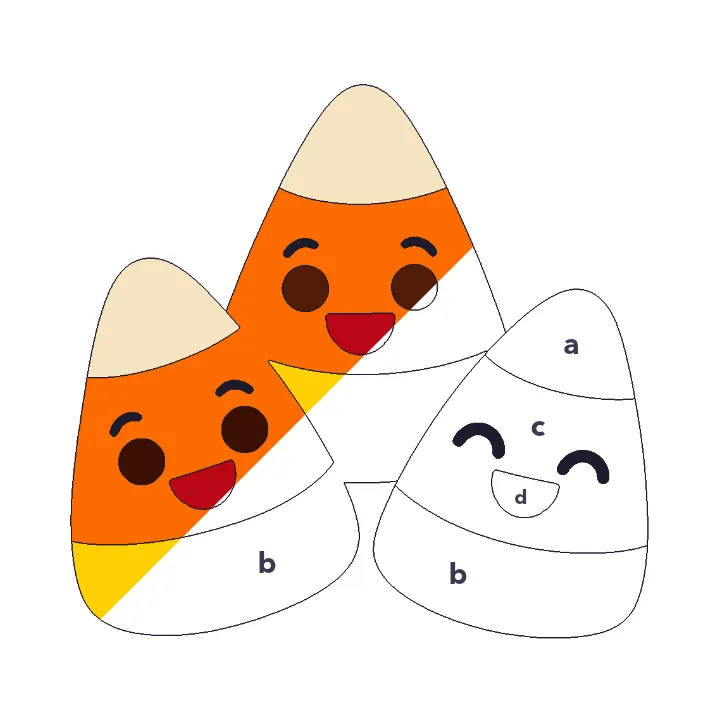 Candy Corn color by letter color by number page, half colored to show the finished picture