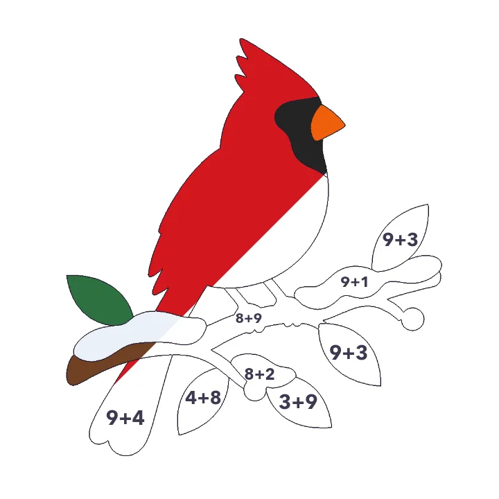 Cardinal in the Snow addition color by number page, half colored to show the finished picture