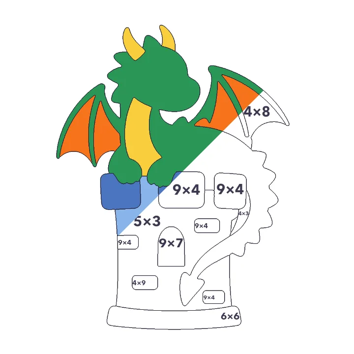 Dragon on a Castle multiplication color by number page, half colored to show the finished picture