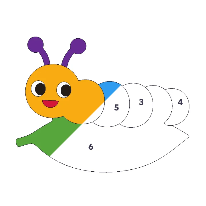 Caterpillar color by number page, half colored to show the finished picture