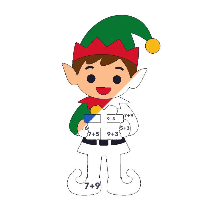 Christmas Elf addition color by number page, half colored to show the finished picture