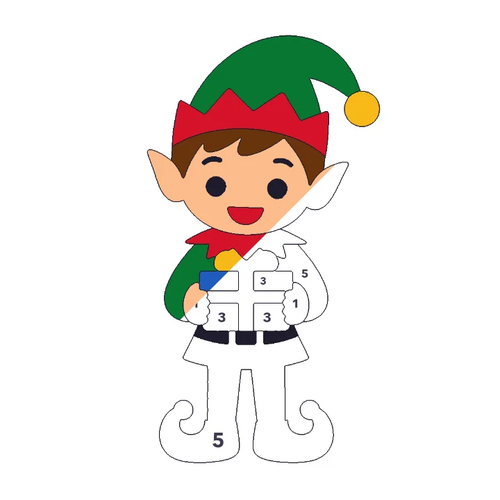 Christmas Elf color by number page, half colored to show the finished picture