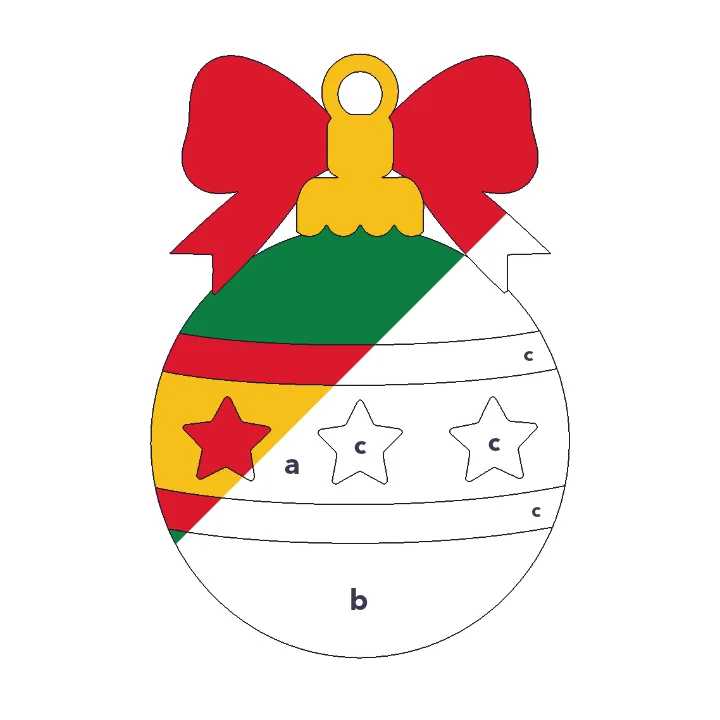 Christmas Ornament color by letter color by number page, half colored to show the finished picture