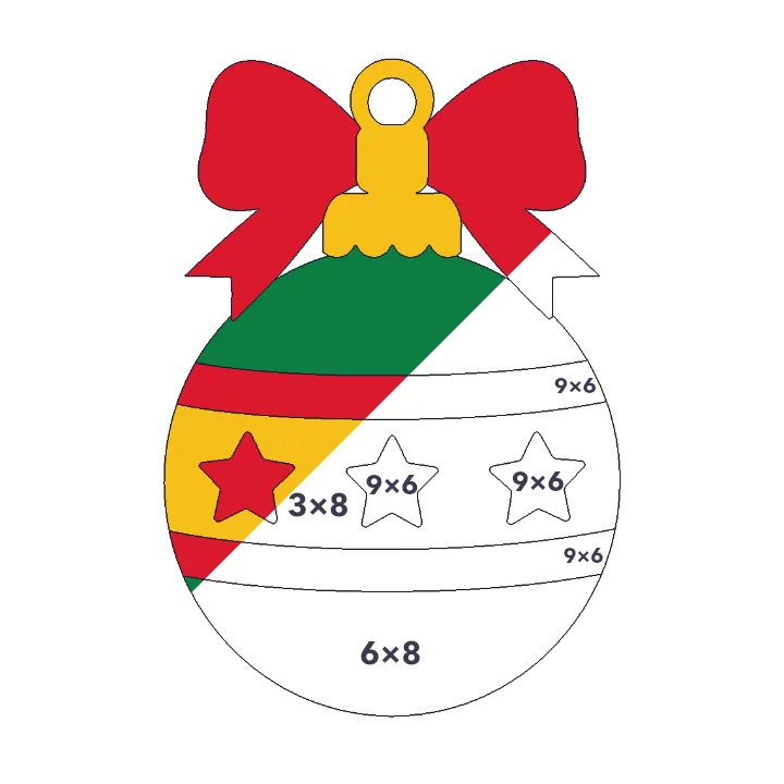 Christmas Ornament multiplication color by number page, half colored to show the finished picture