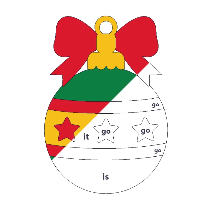 Christmas Ornament sight words color by number page, half colored to show the finished picture