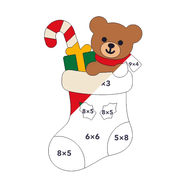 Christmas Stocking multiplication color by number page, half colored to show the finished picture