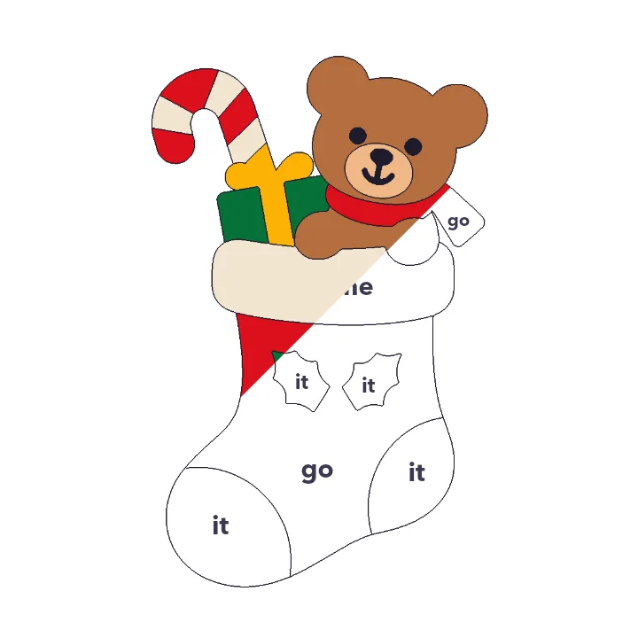 Christmas Stocking sight words color by number page, half colored to show the finished picture