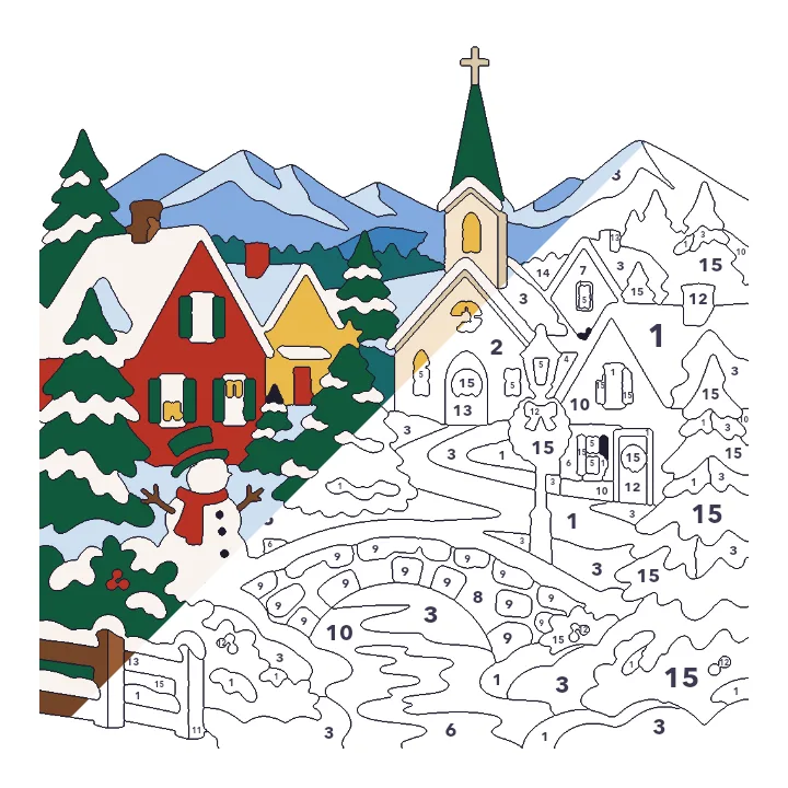 Christmas Village color by number page, half colored to show the finished picture