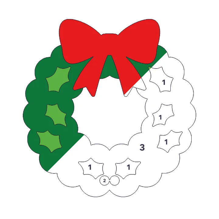Christmas Wreath color by number page, half colored to show the finished picture