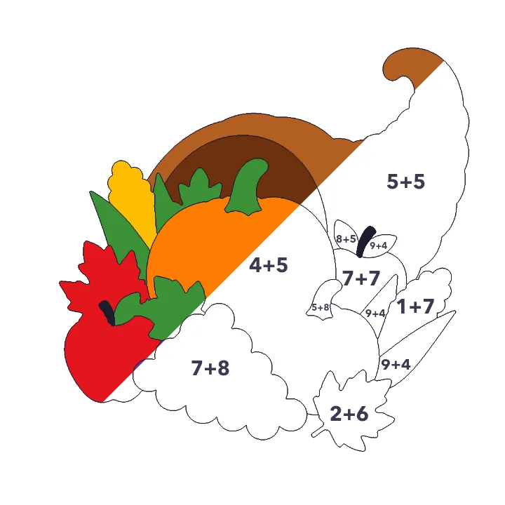 Cornucopia addition color by number page, half colored to show the finished picture