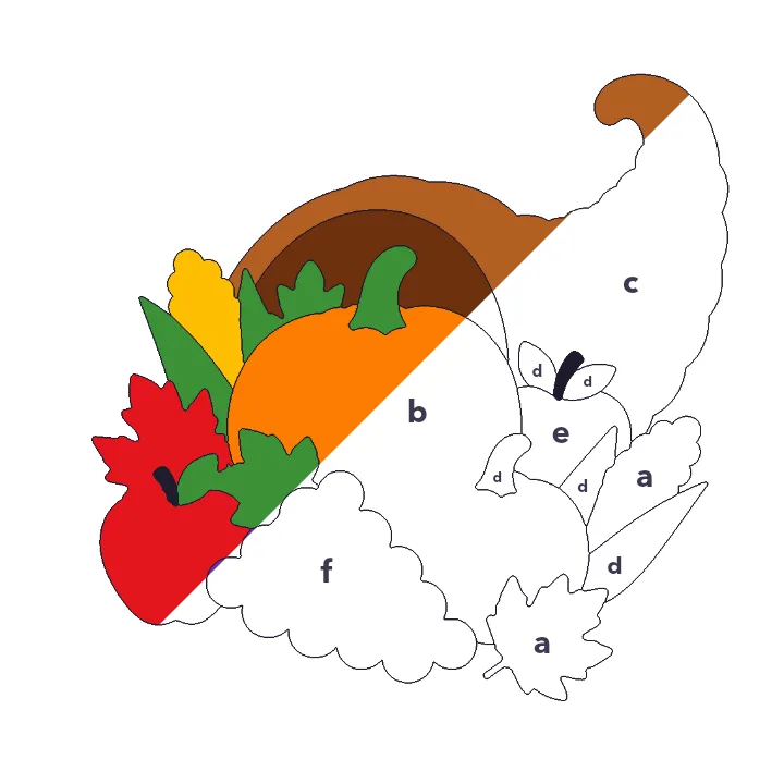 Cornucopia color by letter color by number page, half colored to show the finished picture