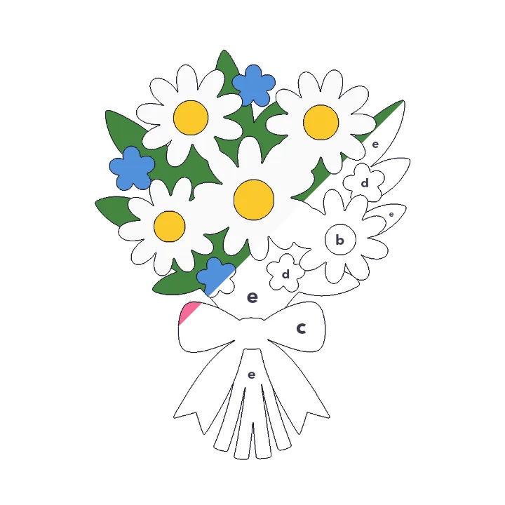 Daisy Bouquet color by letter color by number page, half colored to show the finished picture