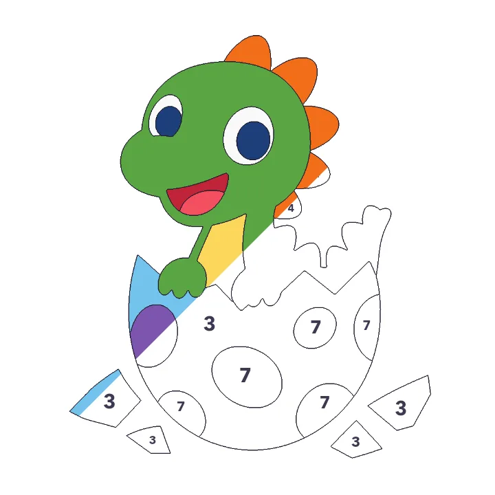 Hatching Dino Egg color by number page, half colored to show the finished picture