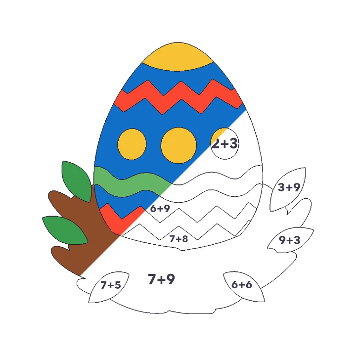 Dragon Egg addition color by number page, half colored to show the finished picture