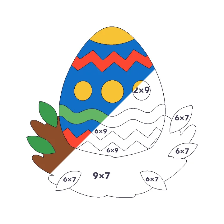 Dragon Egg multiplication color by number page, half colored to show the finished picture