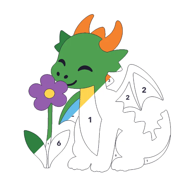 Dragon and Flowers color by number page, half colored to show the finished picture