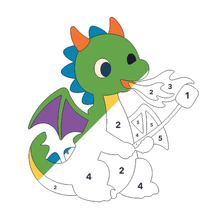 Dragon Toasting Marshmallows color by number page, half colored to show the finished picture