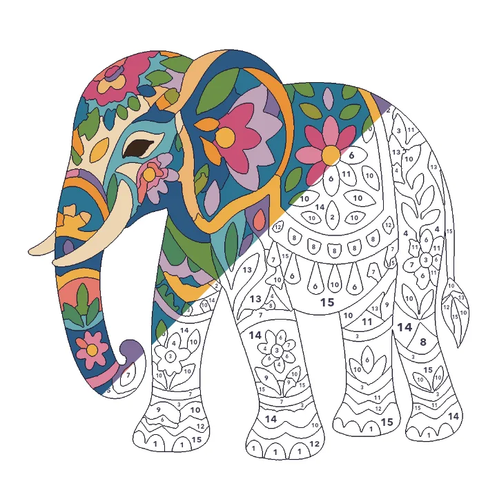 Decorated Elephant color by number page, half colored to show the finished picture